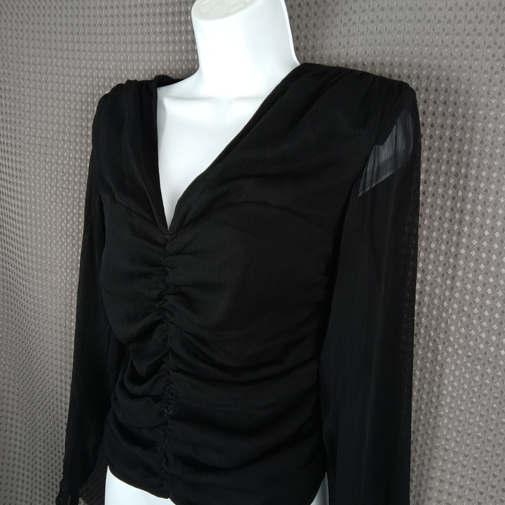 Express Black Ruched Top Small Whimsigoth Sheer Sleeve Fitted Y2K - Picture 3 of 14